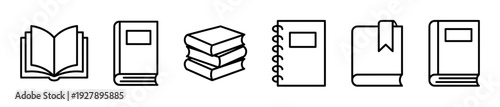 Set of black line art book icons showing various forms including an open textbook, a stack, a spiral notebook, and a volume with a bookmark in a clean, minimalist style
