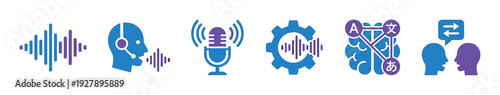Set of blue and purple icons representing voice technology, audio processing, artificial intelligence, machine translation, and language communication concepts