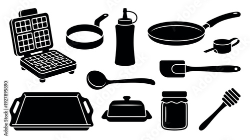Collection of black silhouette kitchenware icons for making breakfast including a waffle iron, frying pan, spatula, ladle, and honey dipper in a flat graphic illustration style