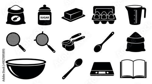 Set of black baking and cooking icons showing various ingredients and kitchen utensils like flour, sugar, eggs, butter, a bowl, and a scale in a simple graphic silhouette style