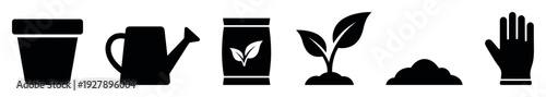 Set of black gardening icons showing a flowerpot, watering can, fertilizer, sprout, soil, and glove in a minimalist flat design style for horticulture and agriculture concepts