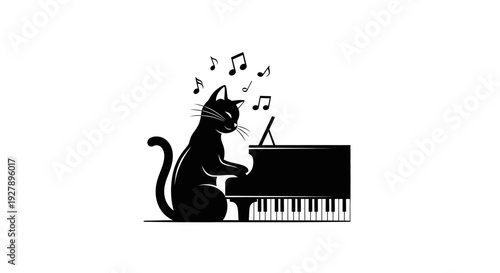 Black Cat Playing Grand Piano with Musical Notes Silhouette Illustration