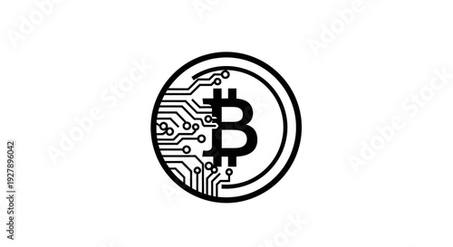 Bitcoin cryptocurrency symbol with circuit board design, digital finance technology icon