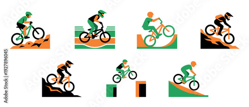 Collection of mountain bike and BMX illustrations showing cyclists in helmets performing various stunts and jumps on ramps and rocky terrain in a minimalist flat vector style