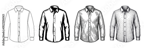 Four men's long-sleeved button-down shirts illustrated in a collection of different artistic styles, including simple line art, bold ink, vintage engraving, and stippling