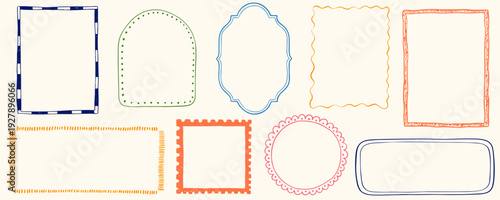 Hand drawn coastal frame set. Doodle square arch and rectangle shapes kit. Vector Vintage ink retro empty banner, inspired frames for greeting cards, wedding, birthday party, picnic invitations