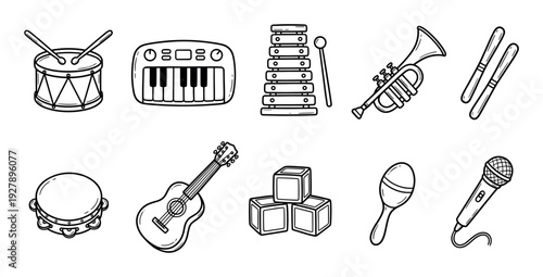 Collection of black and white toy musical instruments and playthings in a simple hand-drawn doodle style, including a guitar, drum, keyboard, trumpet, and microphone