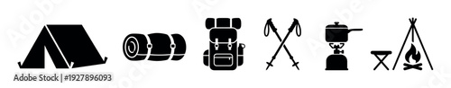 Set of black camping equipment icons including a tent, sleeping bag, backpack, trekking poles, stove, and campfire for outdoor adventure and hiking concepts