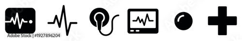 Set of black medical icons showing an ECG monitor, heartbeat line, ultrasound probe, pill, and a cross symbol for healthcare and hospital concepts in a flat glyph style