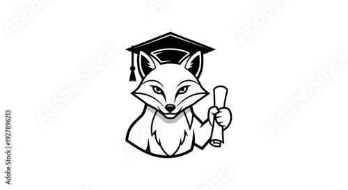 Clever Fox Graduate Mascot Holding Diploma and Wearing Graduation Cap