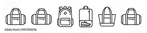 Set of various sport bag icons including duffel, backpack, tote, and gym bag with a shoe compartment, rendered in a simple black and white line art style