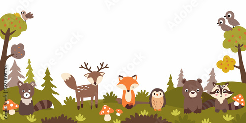 Cute woodland animals gather beneath colorful trees and lush greenery