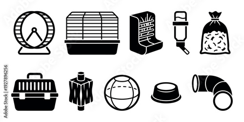 Black glyph icon set of hamster accessories for pet care including a wheel, cage, carrier, water bottle, food bowl, and toys for small domestic animals
