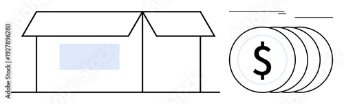 Small house with stacked coins representing homeownership, savings, real estate, funding, mortgage, budgeting, or property value. Ideal for finance, housing investment planning themes simple flat