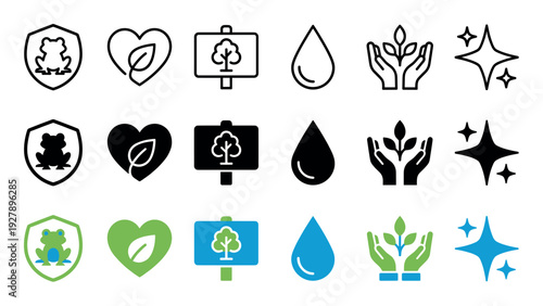 Set of environmental conservation vector icons showing a frog, leaf heart, tree sign, water drop, and plant care in line, solid black, and flat color styles
