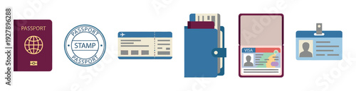 Collection of essential travel documents and icons including a passport, visa, boarding pass, and ID card in a flat design illustration style for international journey concepts