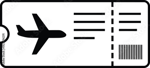 Airplane ticket icon with barcode and flight details on white background for travel concept