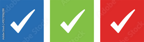Three colorful squares with white checkmarks on a white background for approval and confirmation concepts