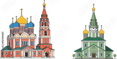 Russian Orthodox Church Architecture Vector Illustration with Traditional Colorful Onion Domes Red Green Exterior Facade Tent Bell Tower and Golden Cross Elements