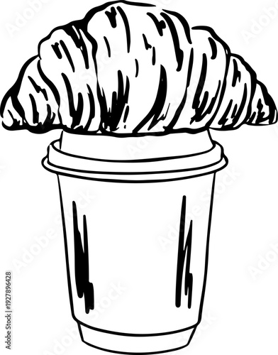 Hand drawn coffee with croissant. Chalk outline La dolce vita print design with takeaway coffee in doodle naive ink drawing style. Vector line art drawing of coffee with bakery dessert for breakfast