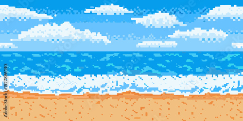 Pixelated seascape featuring a blue ocean sandy beach and fluffy clouds