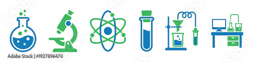 Set of six blue and green science icons showing a flask, microscope, atom, test tube, and laboratory equipment for chemistry, biology, and physics research concepts