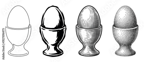 Four boiled egg illustrations in egg cups presented in a row with different graphic styles from simple line art to detailed hatching, stippling, and bold ink sketch