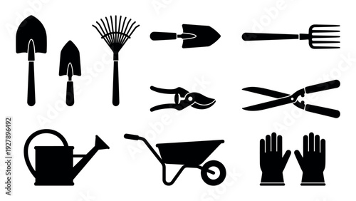 Set of black gardening tool silhouettes including a shovel, rake, shears, watering can, and wheelbarrow in a minimalist icon collection for horticultural concepts