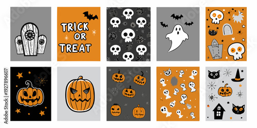 A collection of nine halloween themed patterned square cards