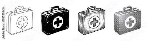 Set of four first aid kit illustrations in different artistic styles including line art, ink sketch, vintage engraving, and halftone dot pattern for medical concepts