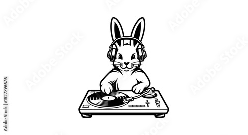 DJ Rabbit with Headphones Mixing Music on Turntable - Black and White Illustration