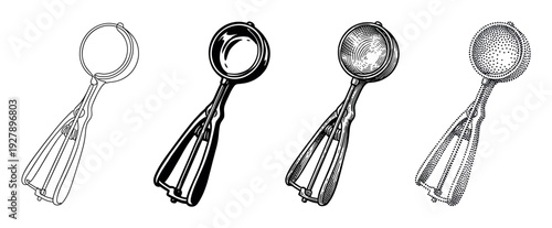 Four vintage style ice cream scoops illustrated in a collection of different graphic art styles including line art, silhouette, engraving, and stippling for a retro look