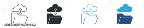 Cloud storage sync icon set, online backup folder symbol, data upload download vector illustration