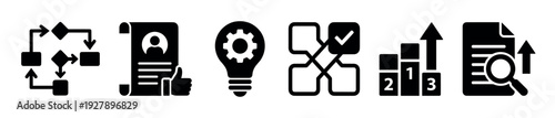 Set of black business process icons representing workflow, recruitment, innovation, decision making, ranking, and data analysis for corporate strategy and project management