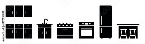 Set of black kitchen furniture icons showing various appliances and cabinets in a minimalist glyph style for interior design concepts, including a stove, refrigerator, and sink