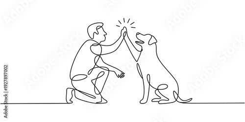 Man high-fiving dog in continuous line art drawing style. Pet and people friendship. Black linear sketch isolated on white background. Vector illustration