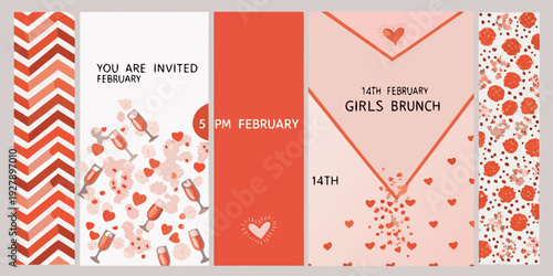 Valentine s day invitation design with hearts champagne glasses and chevron patterns in red and pink tones