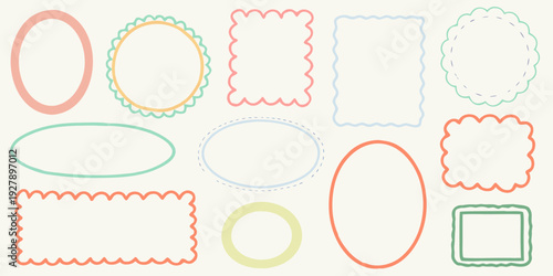 Various colorful hand drawn frames and shapes arranged on a light beige background