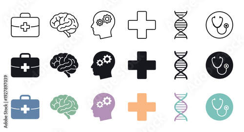 Collection of medical and healthcare icons including a brain, DNA, stethoscope, and cross symbol, presented in three different graphic styles: outline, solid glyph, and color fill