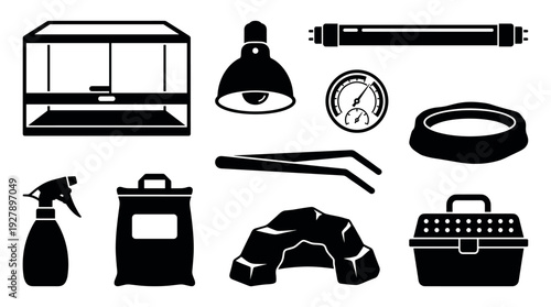 Terrarium equipment and reptile pet supplies shown as a collection of simple black graphic icons, including a tank, heat lamp, carrier, hide, and feeding tools