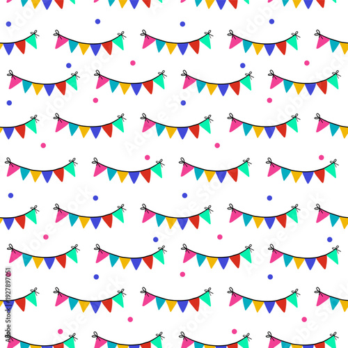 Birthday flag party pennant bunting garland pattern element. Seamless background with carnival cartoon celebrate color design doodle event festival festive.