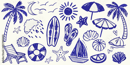 Blue ink drawing of summer vacation icons beach sun palm trees and seaside elements