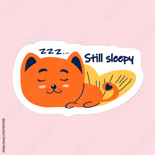 Cute sleep cat vector graphic sticker sleepy relax funny adorable animal character. Comfortable design domestic fluffy illustration kawaii kitten lazy nap pet pillow.