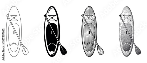Stand up paddleboard and paddle icon set rendered in four distinct graphic styles: minimalist outline, solid silhouette, vintage engraving, and detailed stippling art