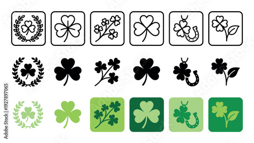 Collection of clover and shamrock icons in line art, silhouette, and flat color styles, featuring lucky four-leaf clovers, horseshoes, and wreaths