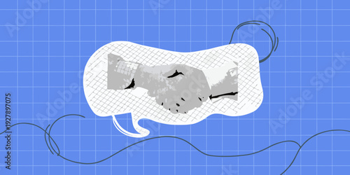 Stylized graphic depicts a stomach outline with a hand gesture within a blue grid background