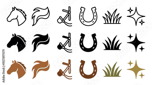 Set of horse themed vector icons in three styles including outline, silhouette, and color, featuring a head, horseshoe, bridle, mane, grass, and sparkle elements