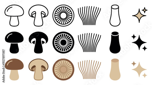 Set of champignon mushroom vector icons in outline, silhouette, and color styles, illustrating the whole fungus, a cross-section, cap gills, and stipe for easy design