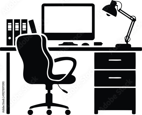 Office workspace desk setup silhouette vector illustration.