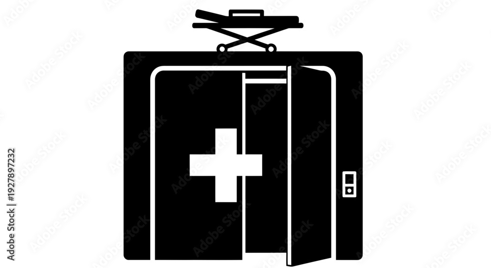 Obraz premium Hospital Entrance with Stretcher Icon, Medical Care Symbol, Emergency Doorway